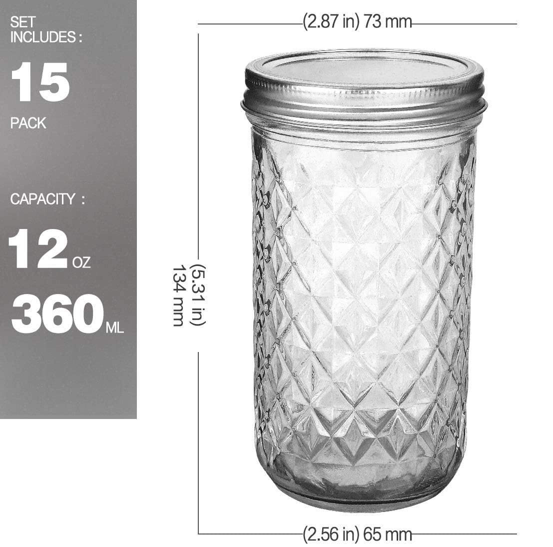 15 Pack 12 oz Mason Jars with Lids V4655