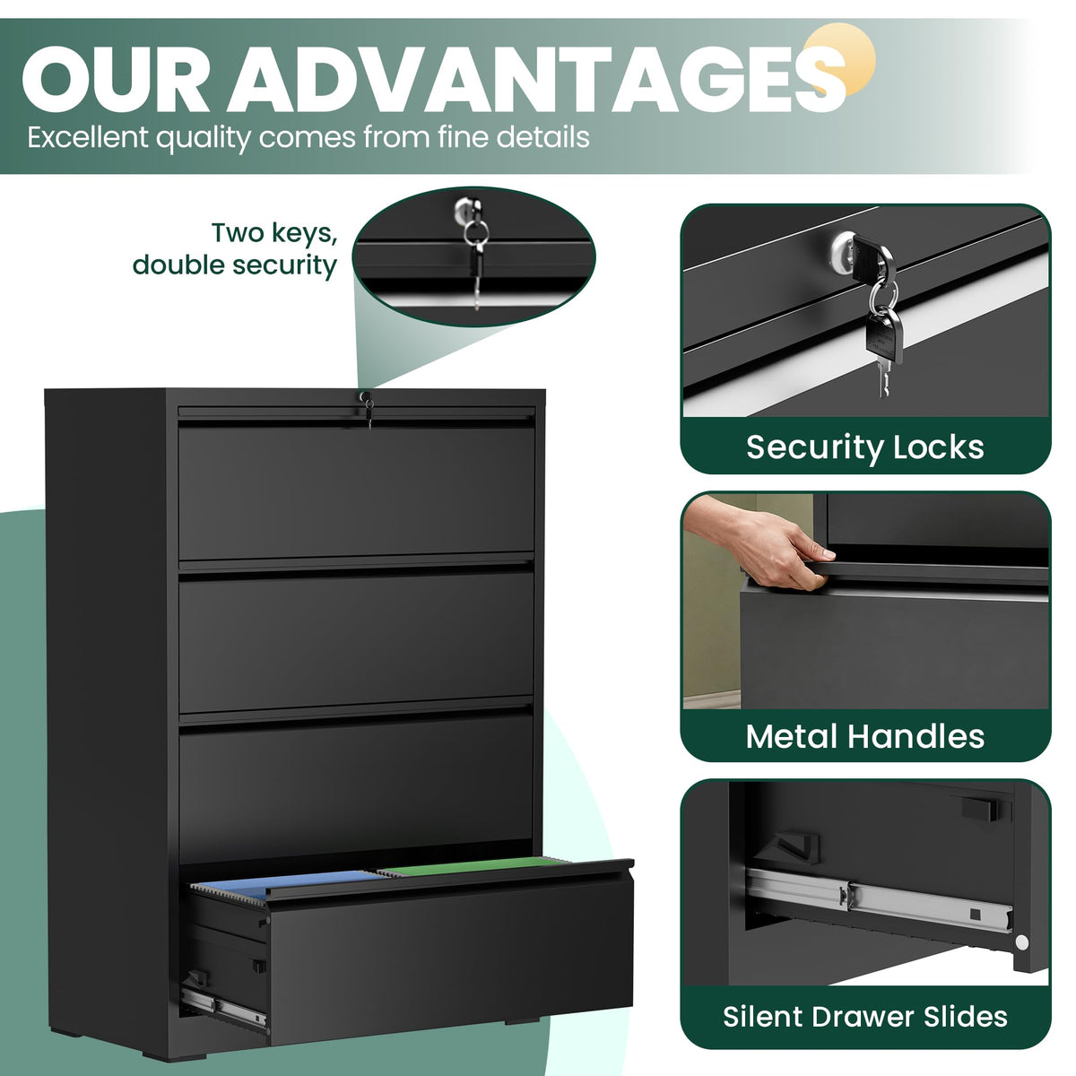 4 Drawer Black Lateral File Cabinet with Lock R604