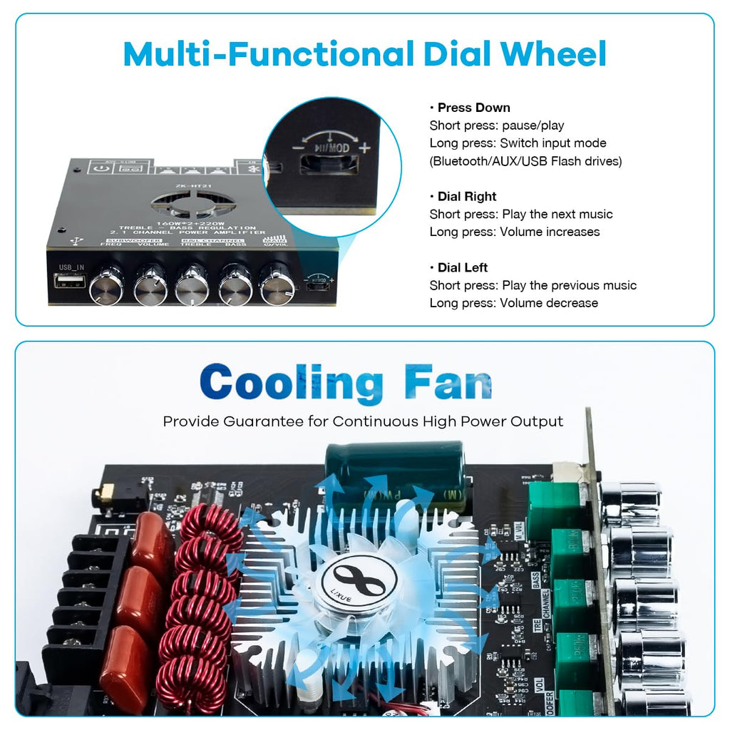 160W×2+220W 2.1 Channel Bluetooth Amplifier Board with Treble and Bass Control B876376