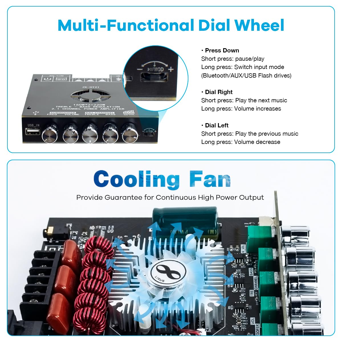 160W×2+220W 2.1 Channel Bluetooth Amplifier Board with Treble and Bass Control B876376