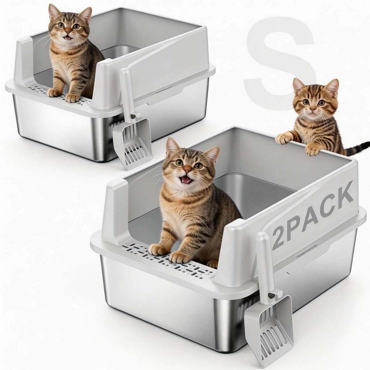 2 Pack Stainless Steel Cat Litter Box with Lid D9257