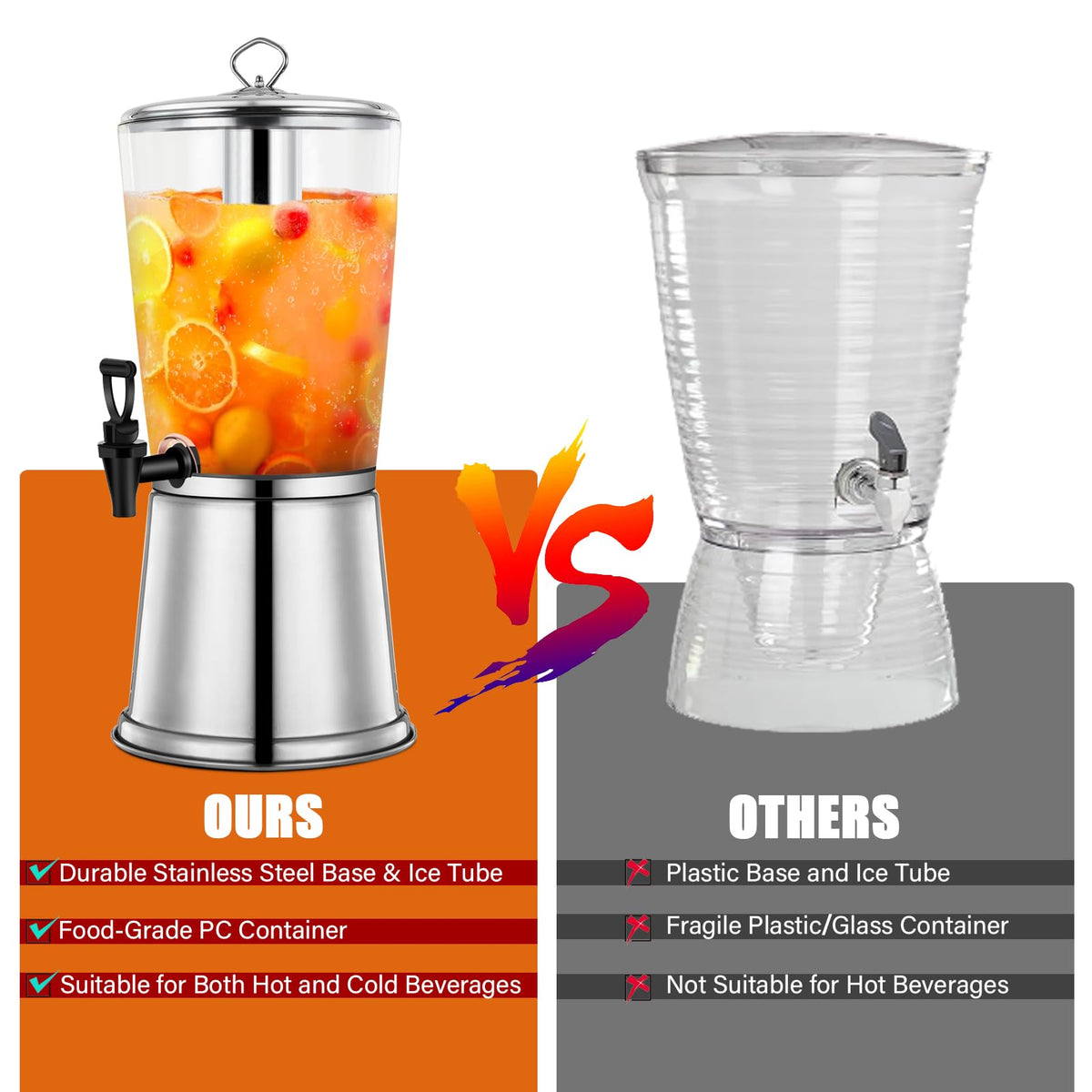2 Gallons Stainless Steel Beverage Dispenser with Stand and Spigot F460014
