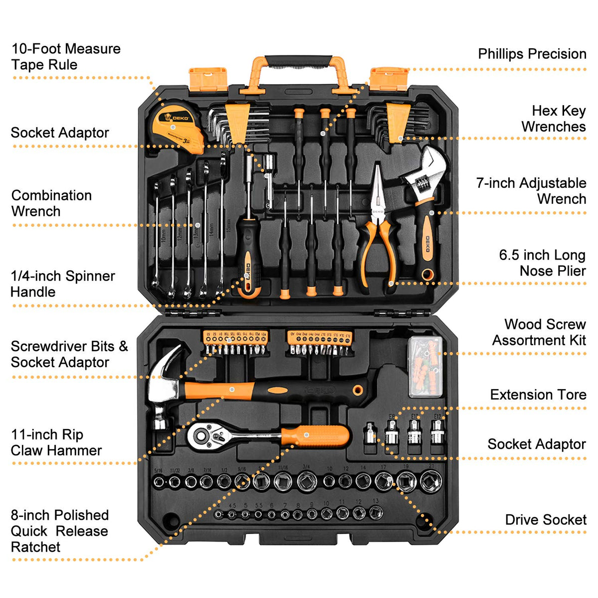 128 Piece Household Hand Tool Kit with Plastic Toolbox Storage Case X710365