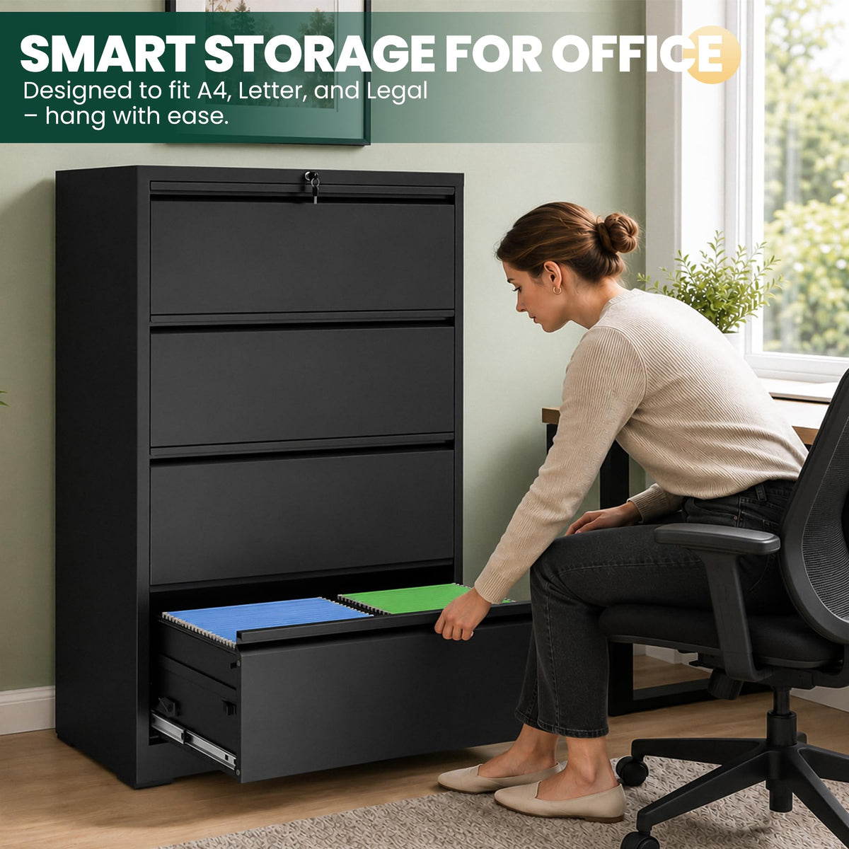 4 Drawer Black Lateral File Cabinet with Lock R604