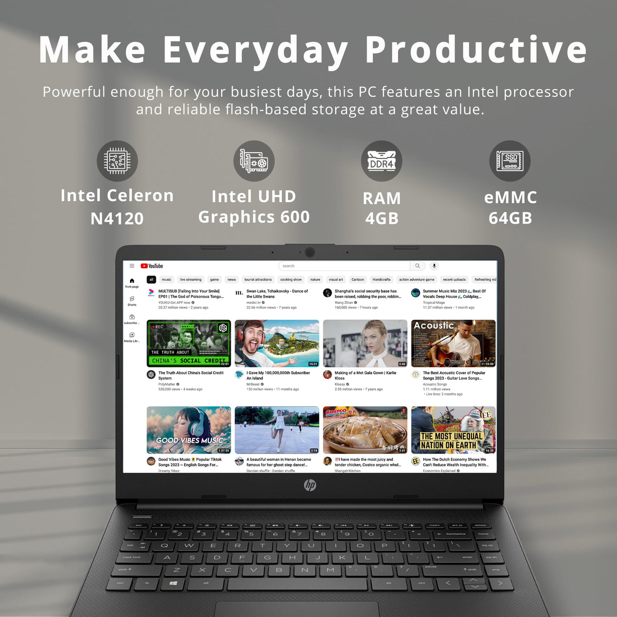 14-inch Laptop, Intel Celeron N4000, 4 GB RAM, 64 GB eMMC, Jet Black E777