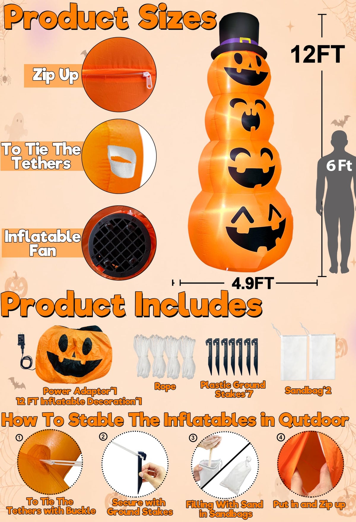 12FT Giant Witch Pumpkin Halloween Inflatables Z587067