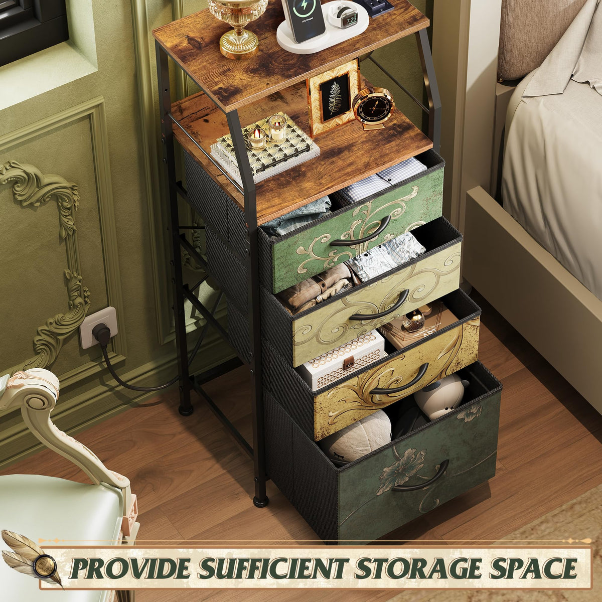 4 Drawer Dresser with Charging Station and Led Light O9514